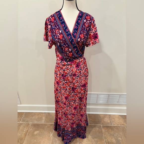 Women’s Floral Wrap Maxi Dress - Pink, Red, and Blue, size medium - Picture 1 of 12